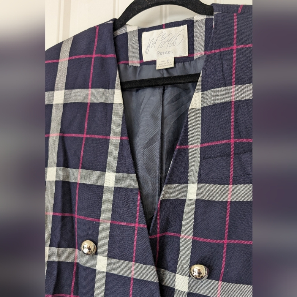 VTG Navy & Pink Plaid Double Breasted‎ Blazer - Picture 3 of 13